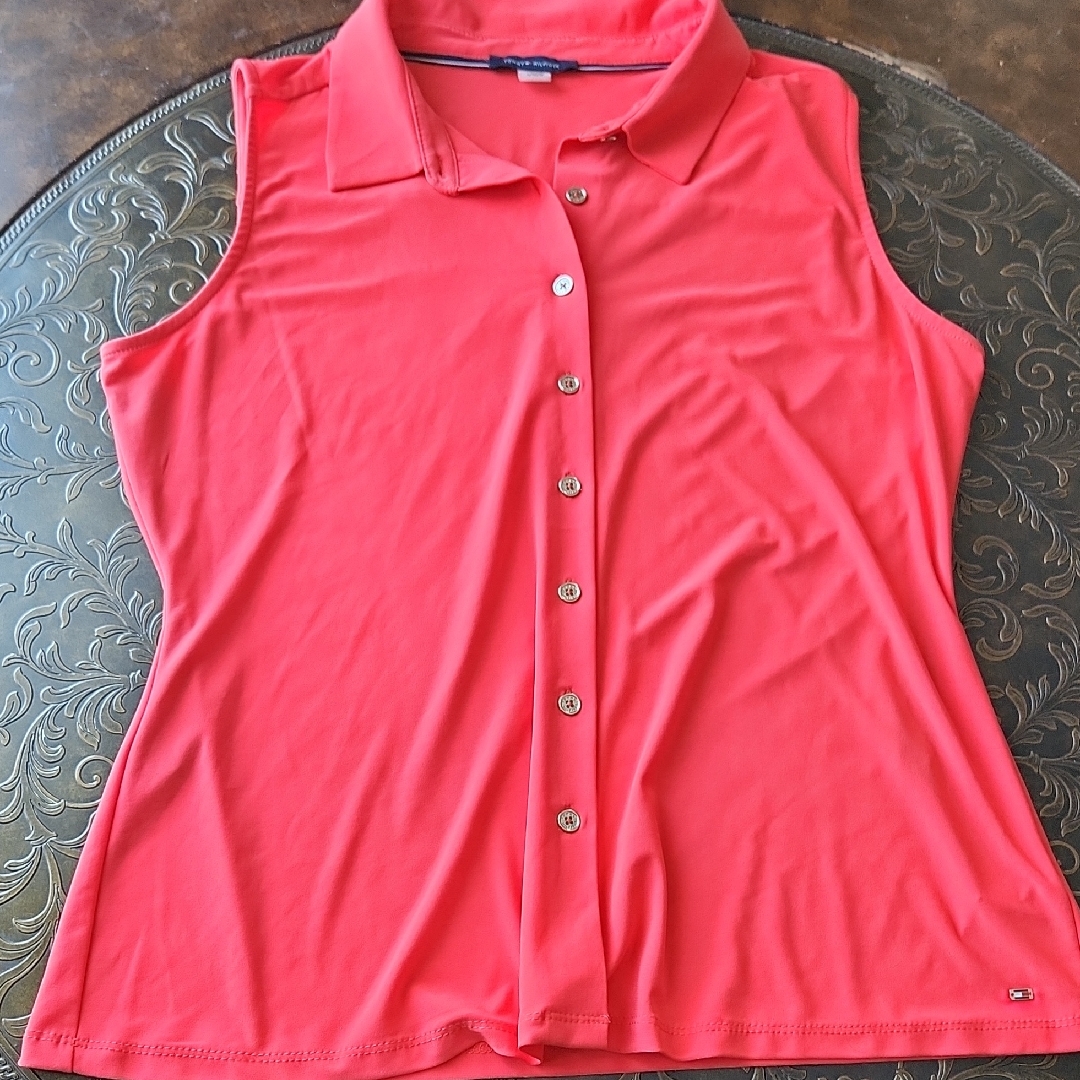 Women's Sleeveless Button-Up Top - Coral Sz Lg